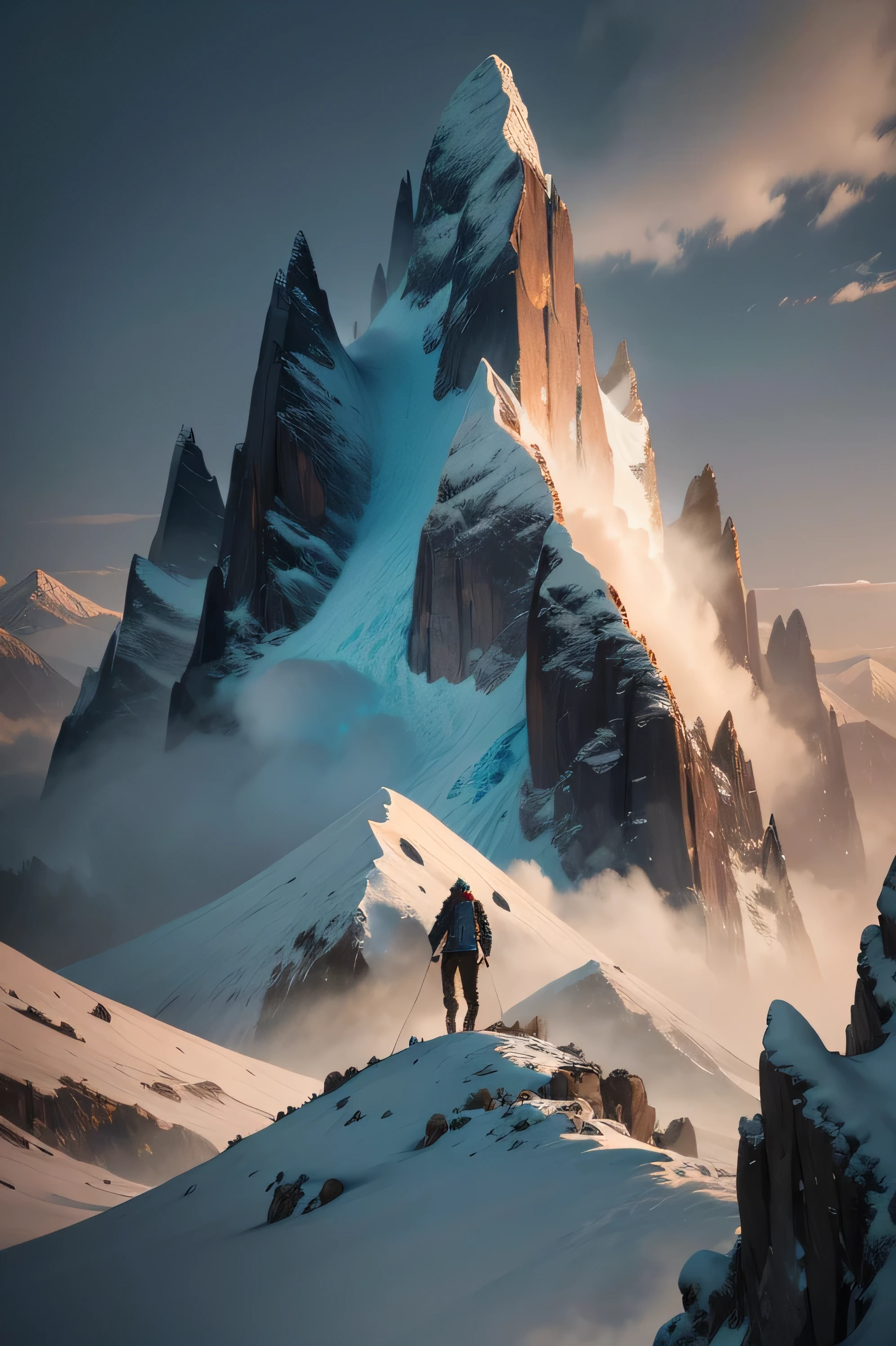 Generate a high-resolution image with rich detail and cinematic style, depicting a man engrossed in a reflective struggle as he ascends the imposing peak of a towering mountain. The man should be portrayed in a dynamic pose, showcasing the intensity and undying spirit in his arduous journey to reach the summit. His facial expression is a melange of determination, introspection, and a subtle hint of exhaustion, echoing the daily trials of life.

The mountain is to be represented with rugged terrain and steep cliffs, emphasizing the daunting challenge that awaits. Advanced textures and lighting effects should be employed to convey the harshness of the environment and the