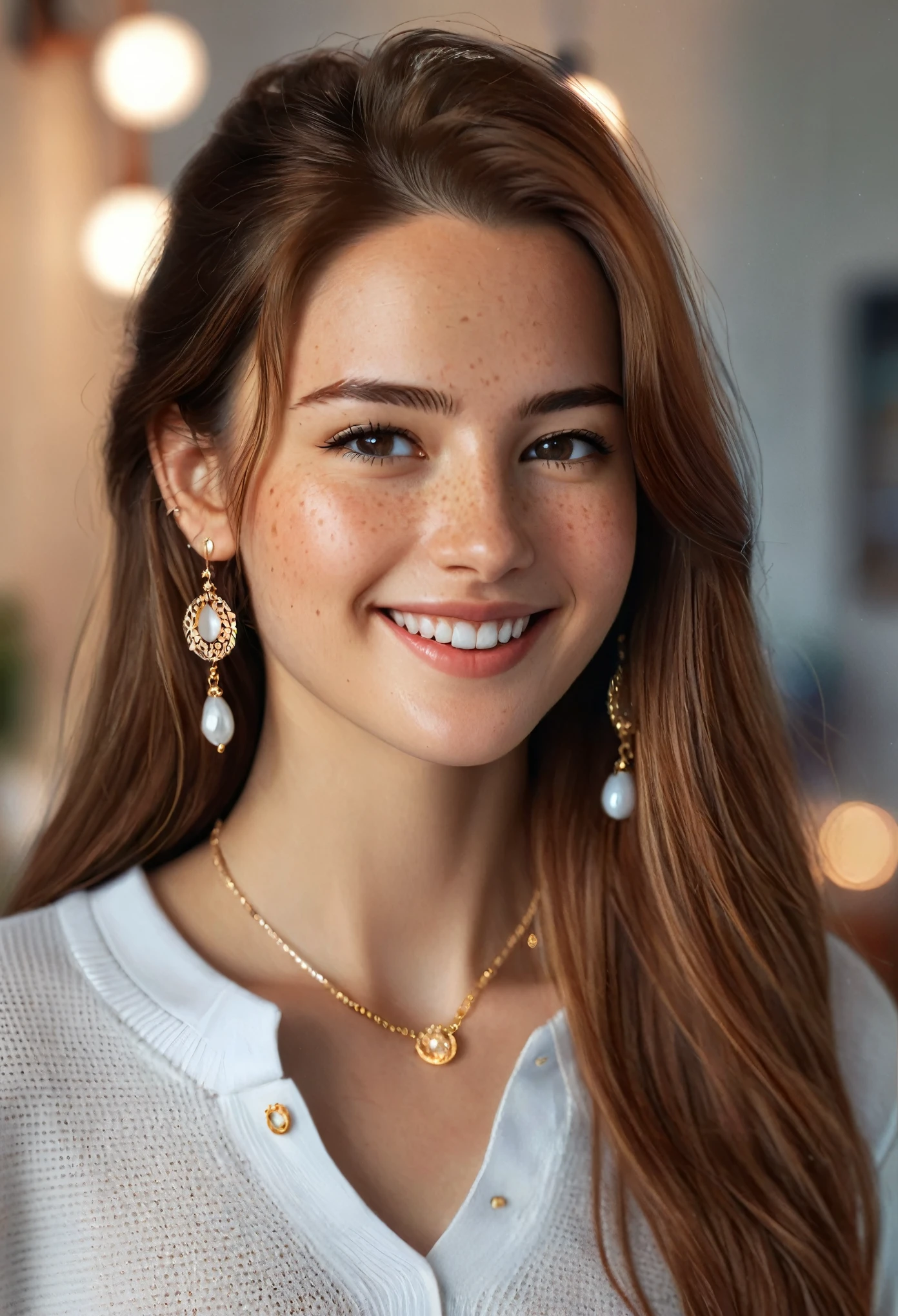 hyper realistic,,aqheodd, realistic style, a woman with long hair and a white shirt, 1girl, solo, long hair, looking at viewer, smile, brown hair, shirt, jewelry, white shirt, upper body, earrings, indoors, necklace, mole, blurry, sweater, lips, blurry background, freckles, realistic, colorful, intricate