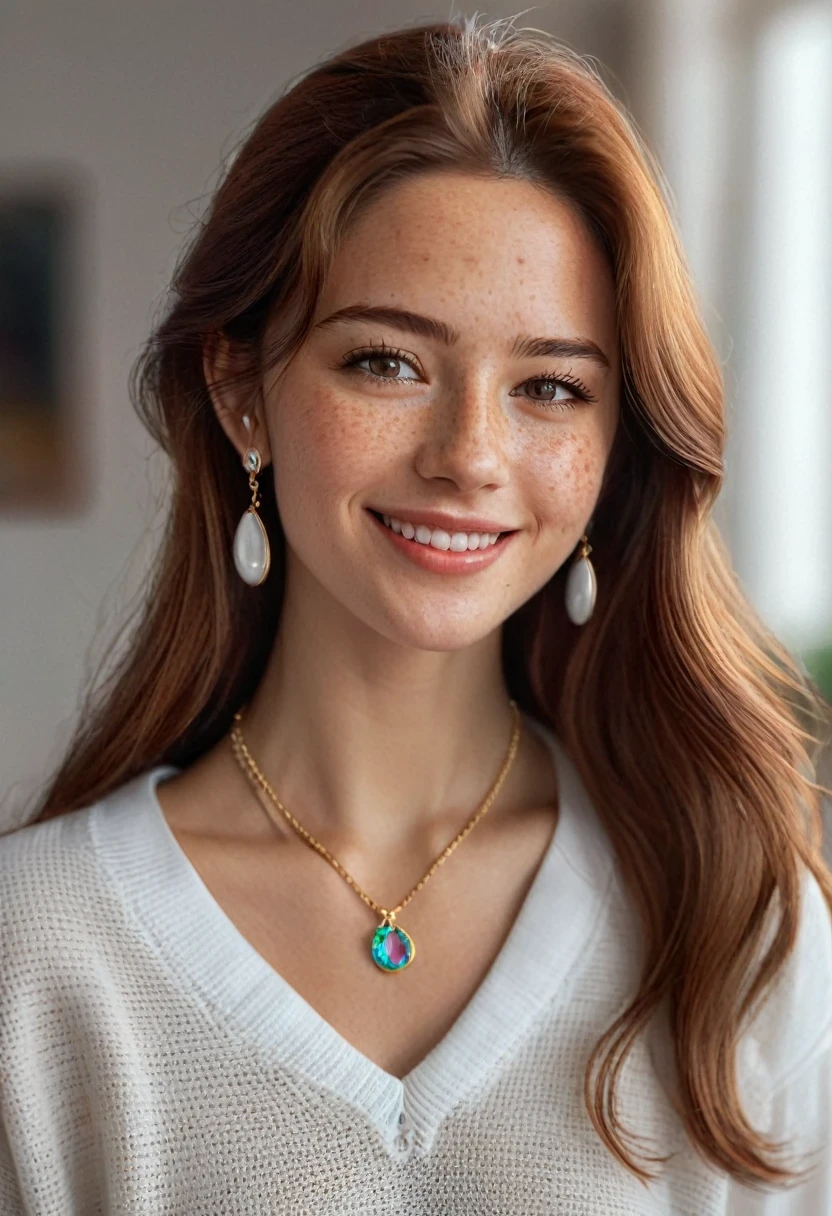 hyper realistic,,aqheodd, realistic style, a woman with long hair and a white shirt, 1girl, solo, long hair, looking at viewer, smile, brown hair, shirt, jewelry, white shirt, upper body, earrings, indoors, necklace, mole, blurry, sweater, lips, blurry background, freckles, realistic, colorful, intricate