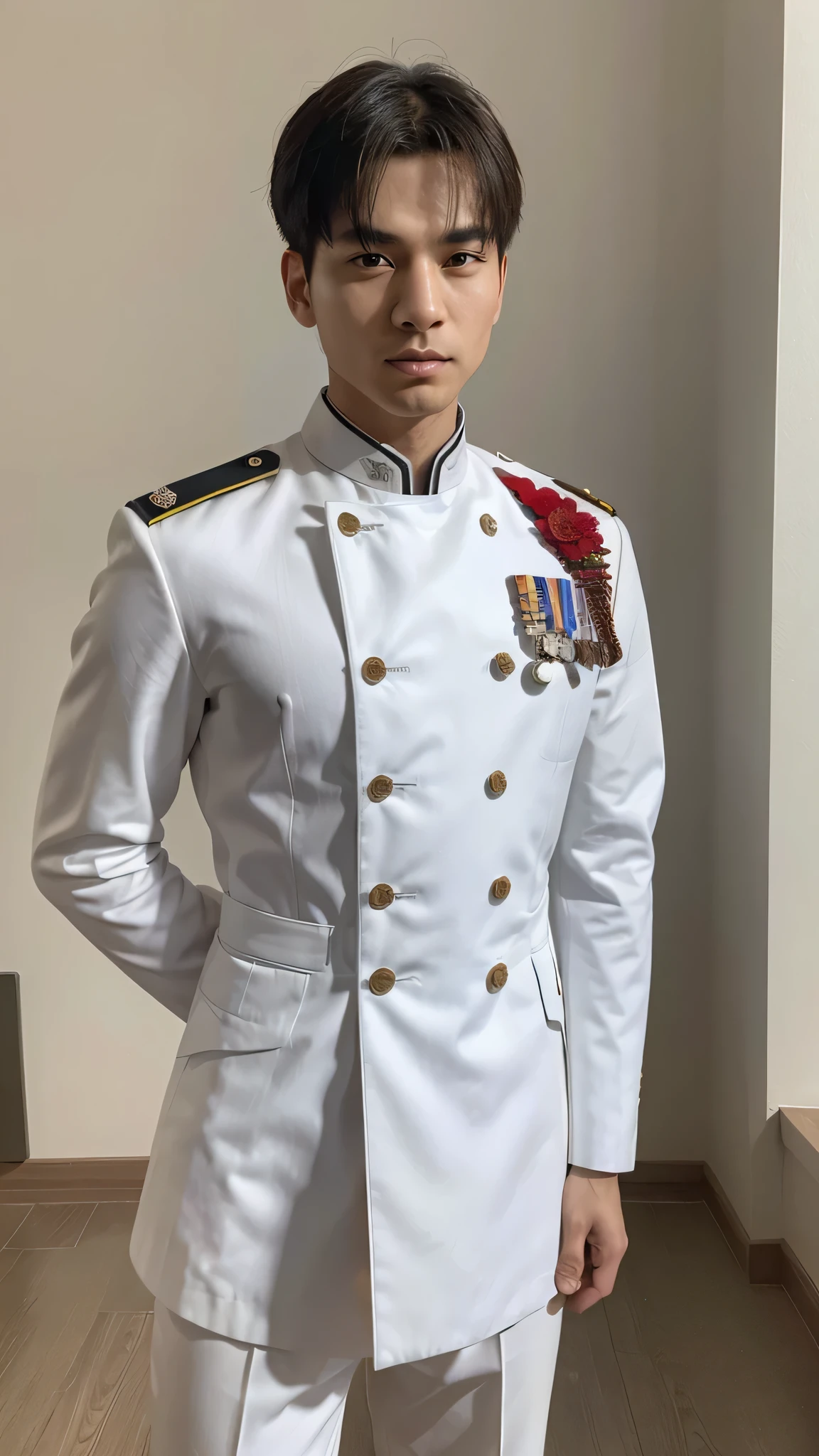 4k, (masterpiece), best of quality, 2d, arafed man in a posing for a picture, Wearing Uniform,, Embroidered uniform guard, Wearing military , yanjun chengt, Dressed in full military white, officer, Unified background, Wearing a general\of,Upper body unobstructed photos,White clothing,Handsome hairstyle,Positive face upper body,Tough Guy,Holding carnations