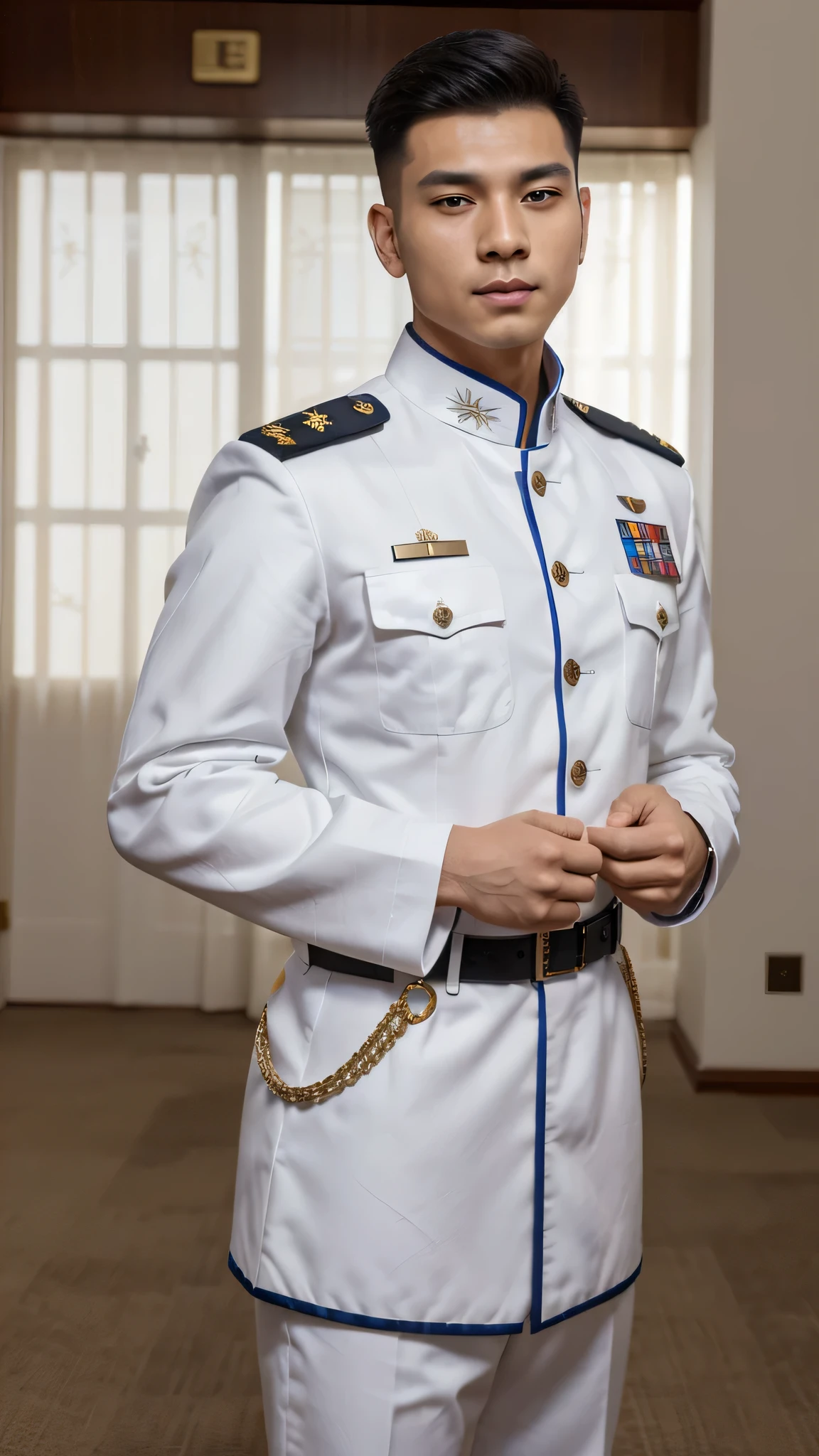 (uniforme de azafata de vuelo blanco),Mirando al espectador,sonriente,feliz,pelo corto rubio rizado, de pie, dentro del avion,
