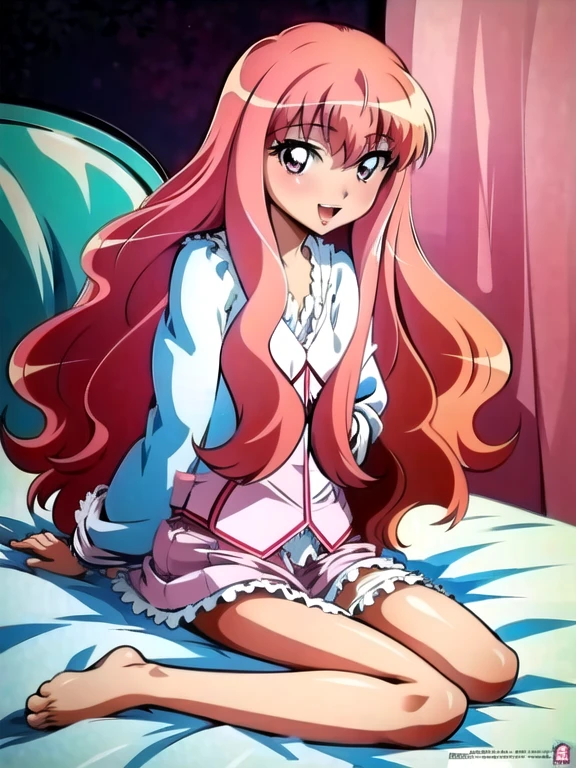 beautiful illustration, (flat anime:1.1), SFW, a girl sitting on bed,open_mouth,,smile,
louise francoise le blanc de la valliere,pink_hair,pink_eyes,long_hair,
pink pajamas ,nightgown,