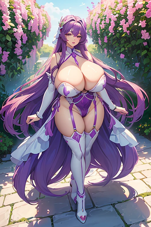 a woman with big straight purple hair and a beautiful body, American body ((body measurements 34H-23-34)) (((silicone breasts size 34H))) (((huge breasts, big sagging, thick and soft)) ), blue eyes, red lips.    wearing a short white dress and high boots standing in a beautiful garden full of flowers sensual and full body photo