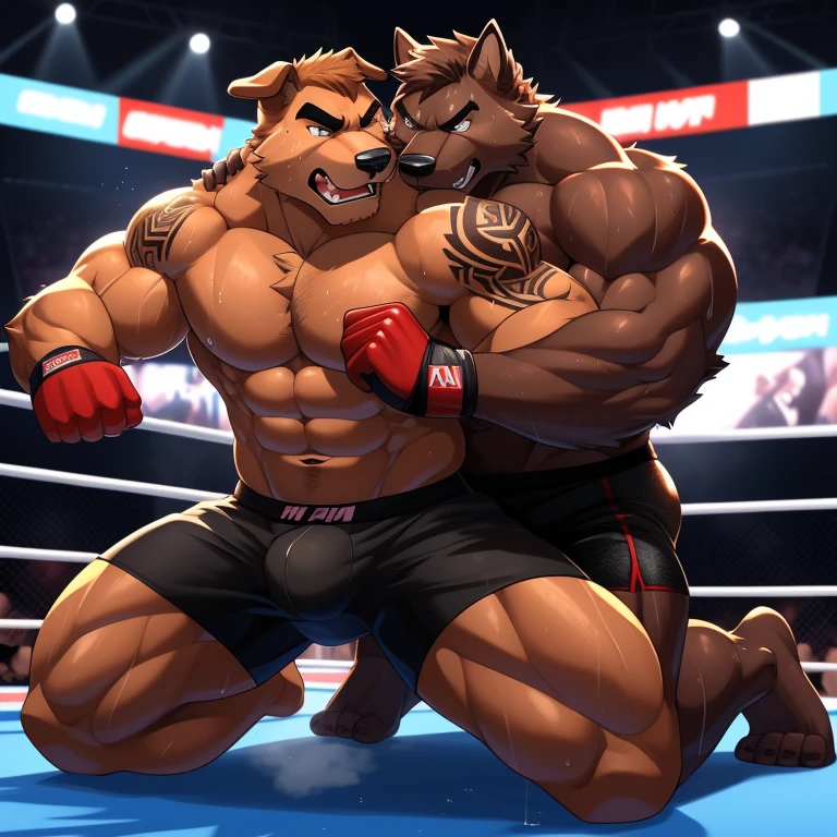 Two male fighters(Brown Dog vs Brown Dog, handsomes, perfect eyes, Thick eyebrows), gay(kneeling, embraced from behind, on a MMA match), hot(Both are Shirtless, full body, bulges), handsomes(They are handsomes, correct anatomy), musculosos(Big muscle bodies, Six packs, muscle abs, big pecs, muscle backs), sweaty(very sweaty wet bodies, shiny sweat), tatuajes(they have tattoos), Angry(They have an angry expression),MMA gloves(They both are wearing red MMA gloves), MMA boxers(both are wearing Black boxers), Hight resolution