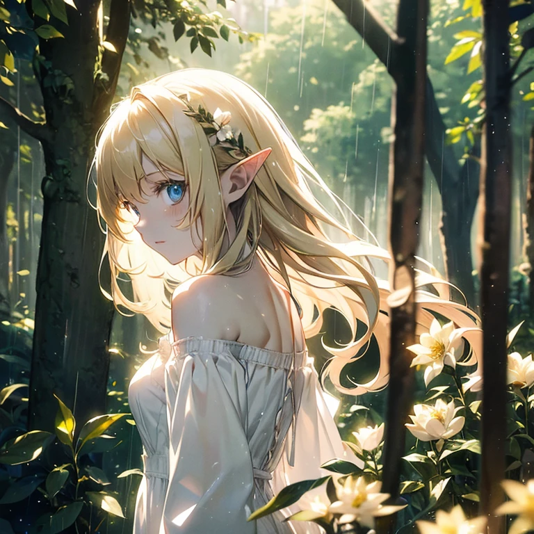 (8k), (masterpiece), (best quality), (super details), (award winning), (game illustration), (greeting face), lens flare, glowing light, woman in a noble dress standing in the woods with flower, modeling shoot, beautiful girl, elf girl, (beautiful face:0.8), slender blonde girl, pale skin curly blond hair, (off shoulder), (small breast), (rain in background)