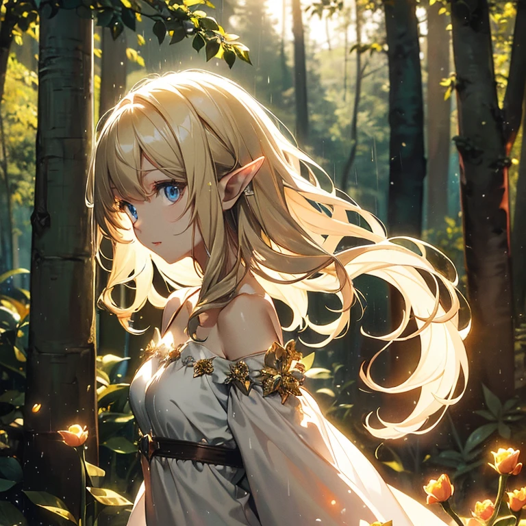 (8k), (masterpiece), (best quality), (super details), (award winning), (game illustration), (greeting face), lens flare, glowing light, woman in a noble dress standing in the woods with flower, modeling shoot, beautiful girl, elf girl, (beautiful face:0.8), slender blonde girl, pale skin curly blond hair, (off shoulder), (small breast), (rain in background)