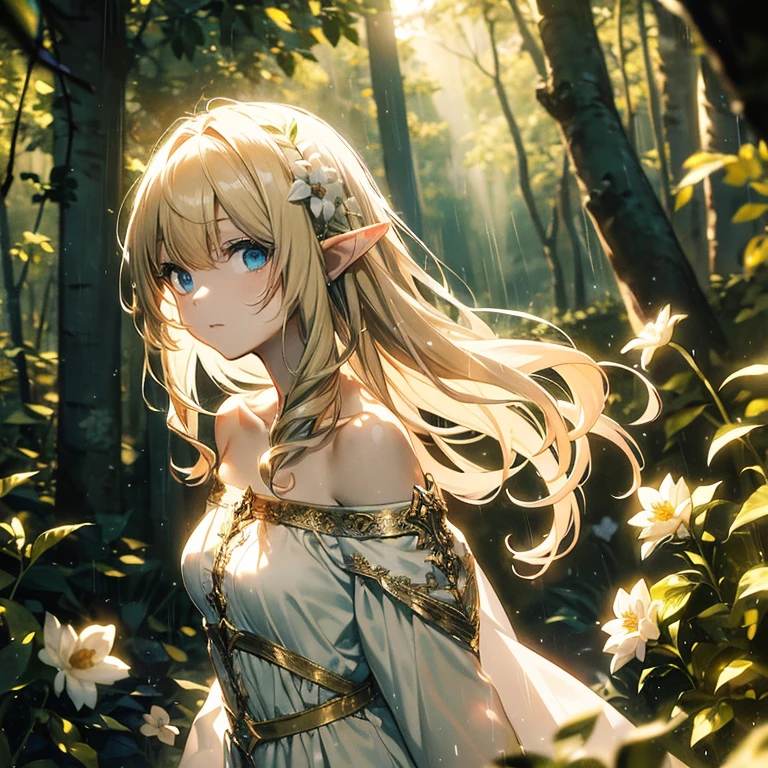 (8k), (masterpiece), (best quality), (super details), (award winning), (game illustration), (greeting face), lens flare, glowing light, woman in a noble dress standing in the woods with flower, modeling shoot, beautiful girl, elf girl, (beautiful face:0.8), slender blonde girl, pale skin curly blond hair, (off shoulder), (small breast), (rain in background)