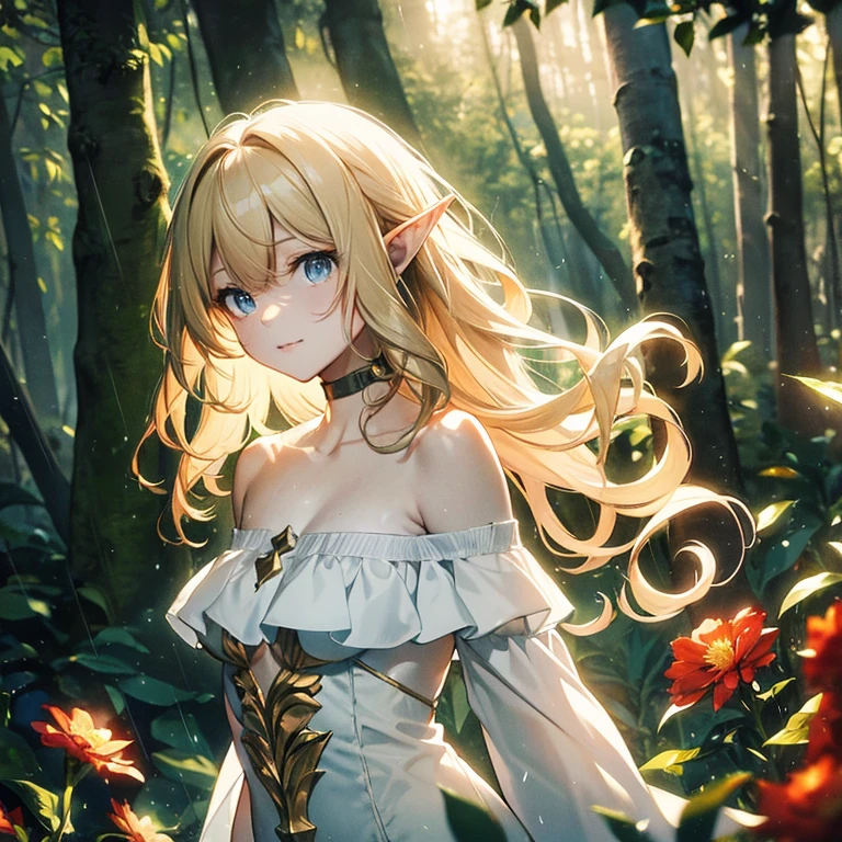 (8k), (masterpiece), (best quality), (super details), (award winning), (game illustration), (greeting face), lens flare, glowing light, woman in a noble dress standing in the woods with flower, modeling shoot, beautiful girl, elf girl, (beautiful face:0.8), slender blonde girl, pale skin curly blond hair, (off shoulder), (small breast), (rain in background)