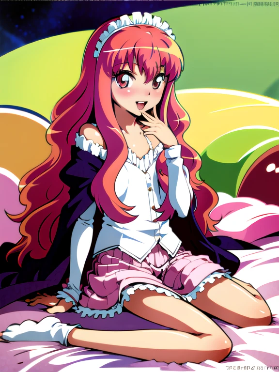 beautiful illustration, (flat anime:1.1), SFW, a girl sitting on bed,open_mouth,,smile,
louise francoise le blanc de la valliere,pink_hair,pink_eyes,long_hair,
pink pajamas ,nightgown,