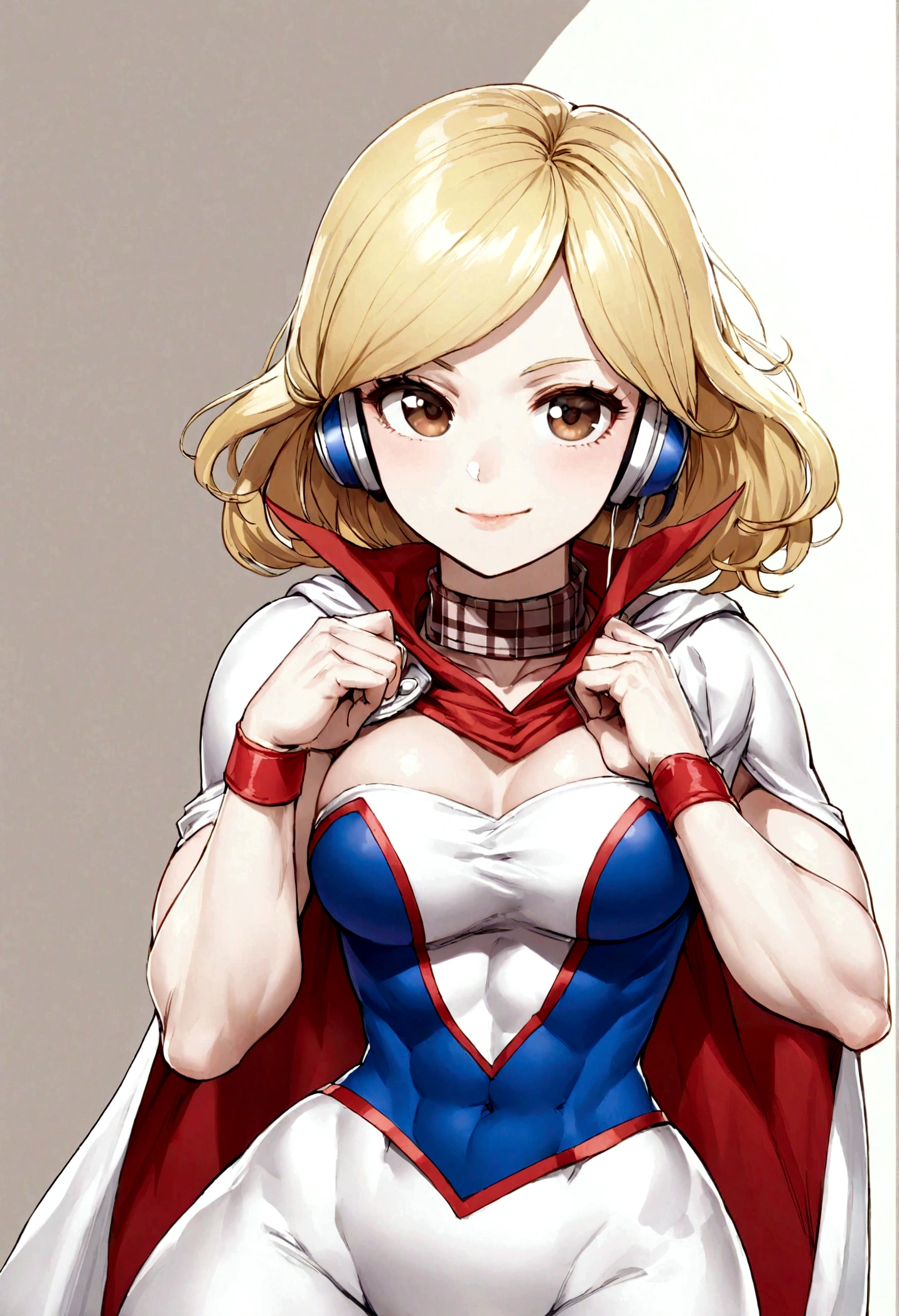 Young woman, Superhero, superhuman physique, powergirl, Long pale blonde hair, pale skin, and brown eyes, white button-up sleeveless blouse with a plaid red-and-white ribbon around the collar, wired white headphones.midriff, muscular, powergirl, cape, boob window, , toned arms, light smile, muscular, , wink,
