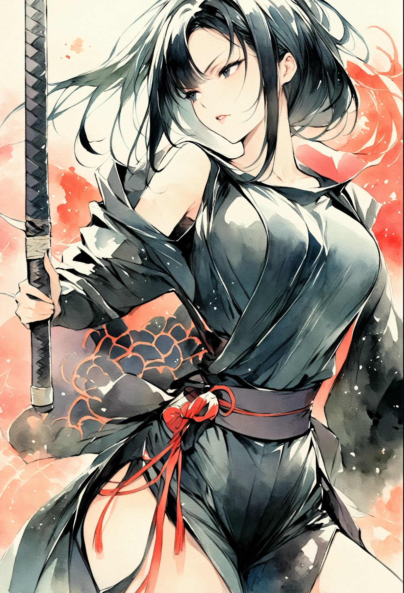 masterpiece, Best quality, Drawing of a black-haired futuristic female ninja illustration, watercolor (medium), 1girl, breast, Dressed in sophisticated modern ninja costumes,Equipped with traditional and technological weapons. She has long black hair,Tied with a red ribbon and a symbol。She must be wearing a high-end black outfit with red accents,These include letters. She was holding a sword,The hilt and scabbard have intricate patterns. The background is the Edo period, Five fingers, The index finger of the right hand points to the sky.