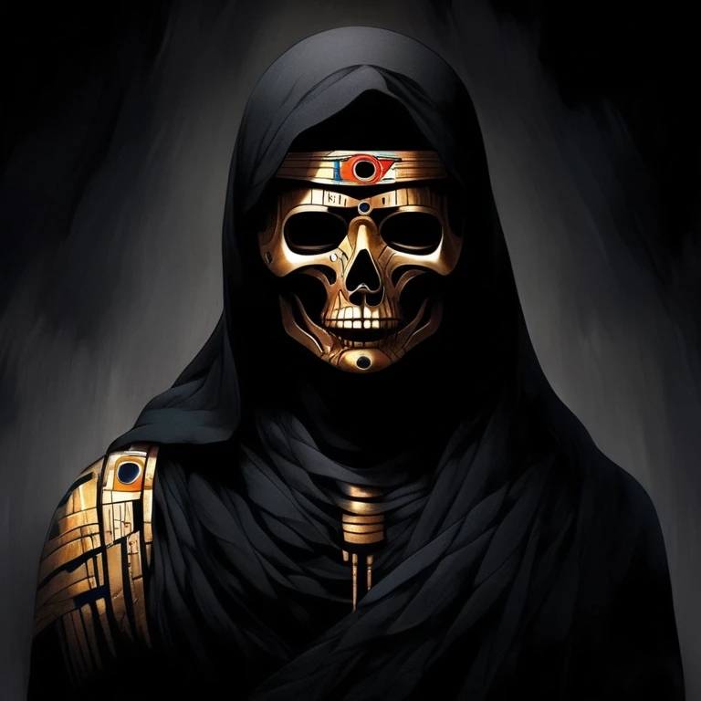 (best quality,highres,ultra-detailed:1.2),close-up of the face of a mummy,covered in bandages with golden hieroglyphics,detailed,golden and glowing eyes,vivid and intense colors,dark circles,realistic,graphic art,terror