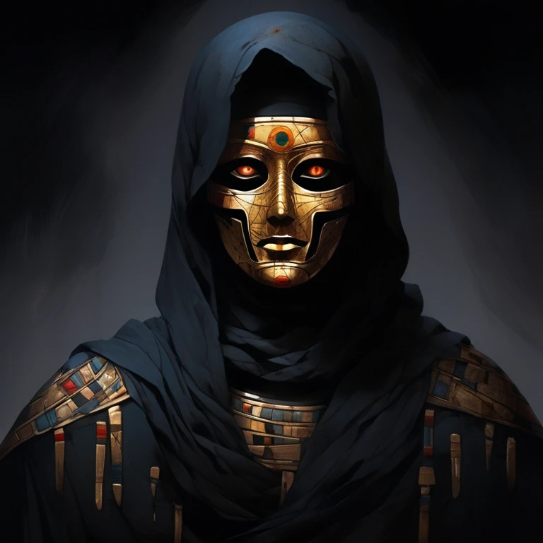 (best quality,highres,ultra-detailed:1.2),close-up of the face of a mummy,covered in bandages with golden hieroglyphics,detailed,golden and glowing eyes,vivid and intense colors,dark circles,realistic,graphic art,terror