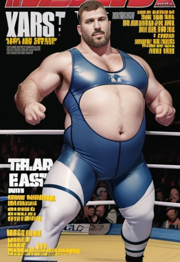 Only plump, chubby, extremely thick thighs, large belly, fat, age 50 years, muito barbudo, absurderes, hight resolution, 1male people, full body visible (wrestling Magazine covers:1.2), Yaoi(bara) , ), letras com textos escritos na lateral esquerda baixo. Uma frase em baixo da imagem, texto cima direita , texto direita no meio da imagem.