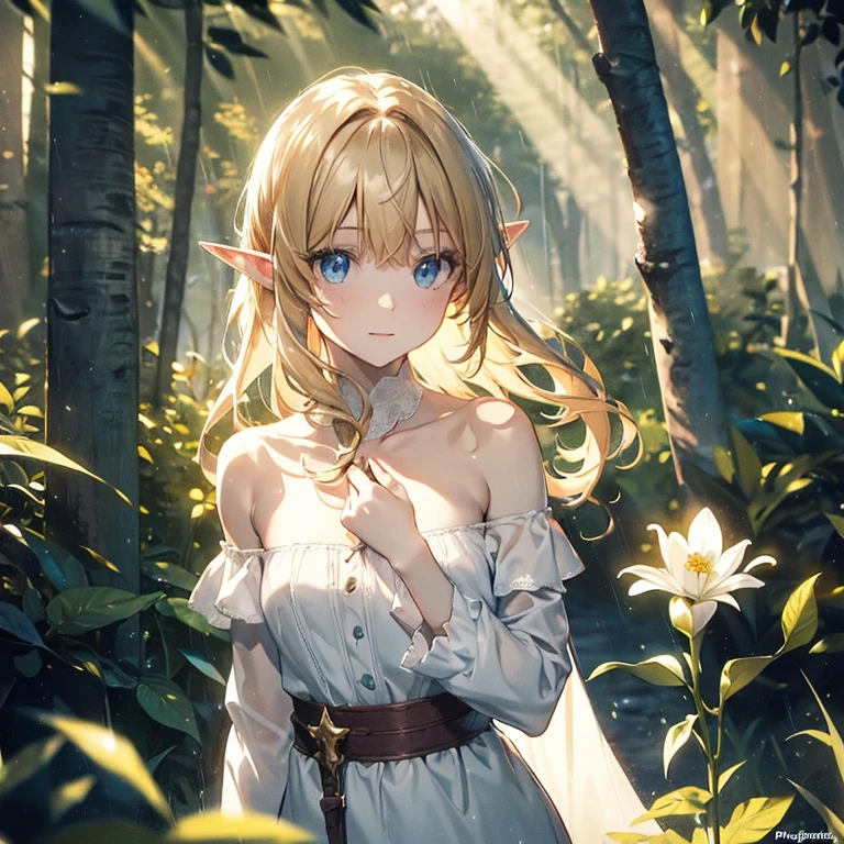 (8k), (masterpiece), (best quality), (super details), (award winning), (game illustration), (greeting face), lens flare, glowing light, woman in a noble dress standing in the woods with flower, modeling shoot, beautiful girl, elf girl, (beautiful face:0.8), slender blonde girl, pale skin curly blond hair, (off shoulder), (small breast), (rain in background)