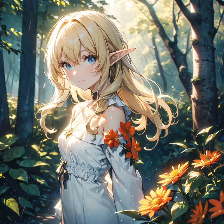 (8k), (masterpiece), (best quality), (super details), (award winning), (game illustration), (greeting face), lens flare, glowing light, woman in a noble dress standing in the woods with flower, modeling shoot, beautiful girl, elf girl, (beautiful face:0.8), slender blonde girl, pale skin curly blond hair, (off shoulder), (small breast), (rain in background)