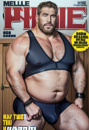 Only plump, chubby, extremely thick thighs, large belly, fat, age 50 years, muito barbudo, absurderes, hight resolution, 1male people, full body visible (wrestling Magazine covers:1.2), Yaoi(bara) , ), letras com textos escritos na lateral esquerda baixo. Uma frase em baixo da imagem, texto cima direita , texto direita no meio da imagem.