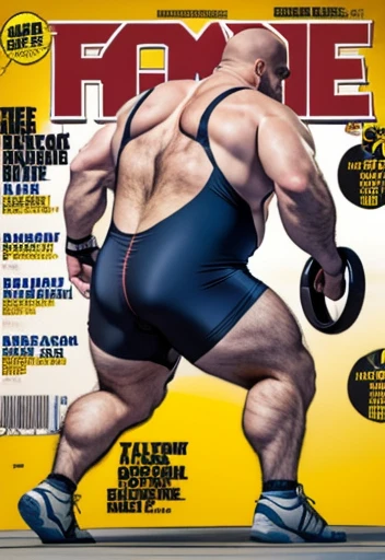 Only plump, chubby, extremely thick thighs, large belly, fat, age 50 years, muito barbudo, absurderes, hight resolution, 1male people, full body visible (wrestling Magazine covers:1.2), Yaoi(bara) , ), letras com textos escritos na lateral esquerda baixo. Uma frase em baixo da imagem, texto cima direita , texto direita no meio da imagem.