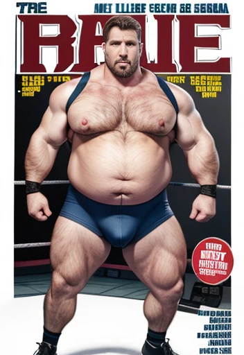 Only plump, chubby, extremely thick thighs, large belly, fat, age 50 years, muito barbudo, absurderes, hight resolution, 1male people, full body visible (wrestling Magazine covers:1.2), Yaoi(bara) , ), letras com textos escritos na lateral esquerda baixo. Uma frase em baixo da imagem, texto cima direita , texto direita no meio da imagem.