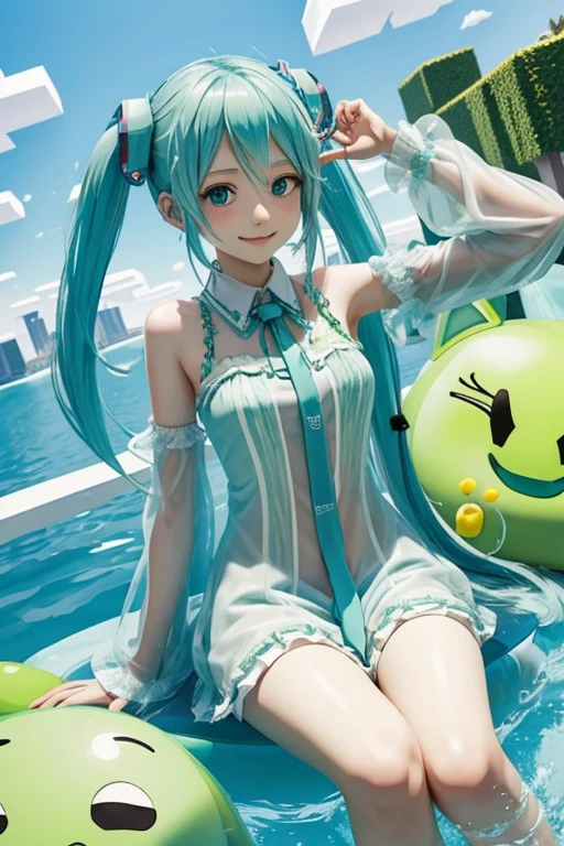  Slime Minecraft Hatsune Miku always doesn&#39;t wear panties, feliz, sorriso, Boca aberta, cantoria, Dancing, mais alta qualidade, high resolution. detalhes intrincados,da mais alta qualidade, Chromatic aberration, 1 garota em, Sozinho, saia molhada, Hatsune Miku, cabelo longo, coxas coxas coxas coxas, Cauda dupla, mangas destacadas, gravata, Thigh botas longas, botas longas, sem mangas, headphone headset, water eyes, saia plissada, water hair, corpo todo, sem mangas Shirt,  Fundo, Very cabelo longo, fundo branco, black shoes, coxas pretas, Hair Ornament