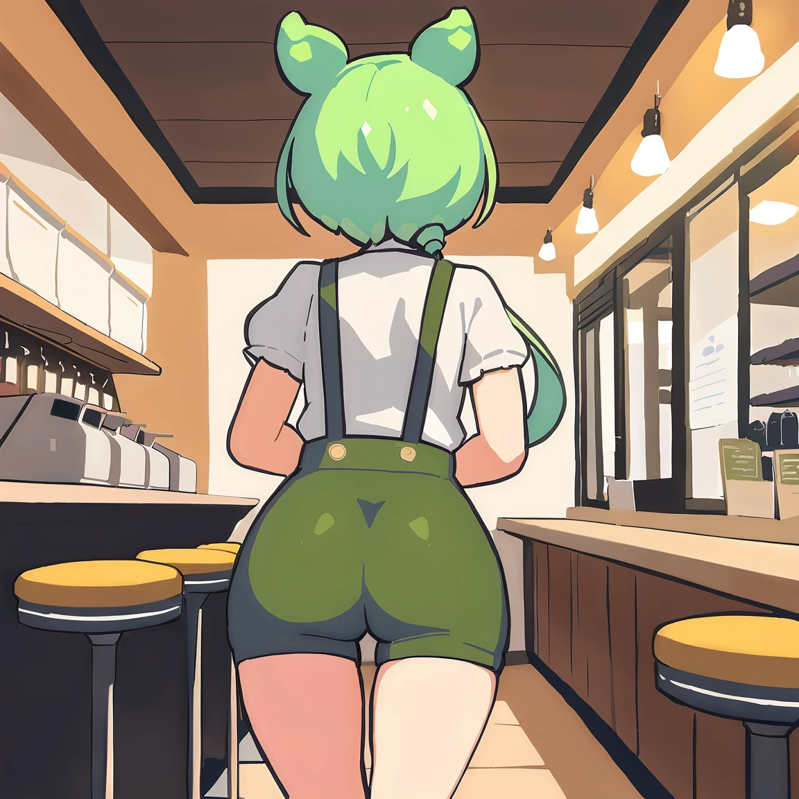 1girl,zundamon,voicevox ,green hair, blush stickers, animal ears,white shirt, short sleeves, long hair, suspender shorts,shorts, puffy sleeves, low ponytail, hair ears,
ceiling, wide shot, looking to the side, disdain, cafe, open mouth,
masterpiece, best quality, long body, voluptuous, side view, full body, big butt, shoes, thin waist, heart shaped butt, sexy body, ass focus, looking back, anime, realistic, smile, collarbone 