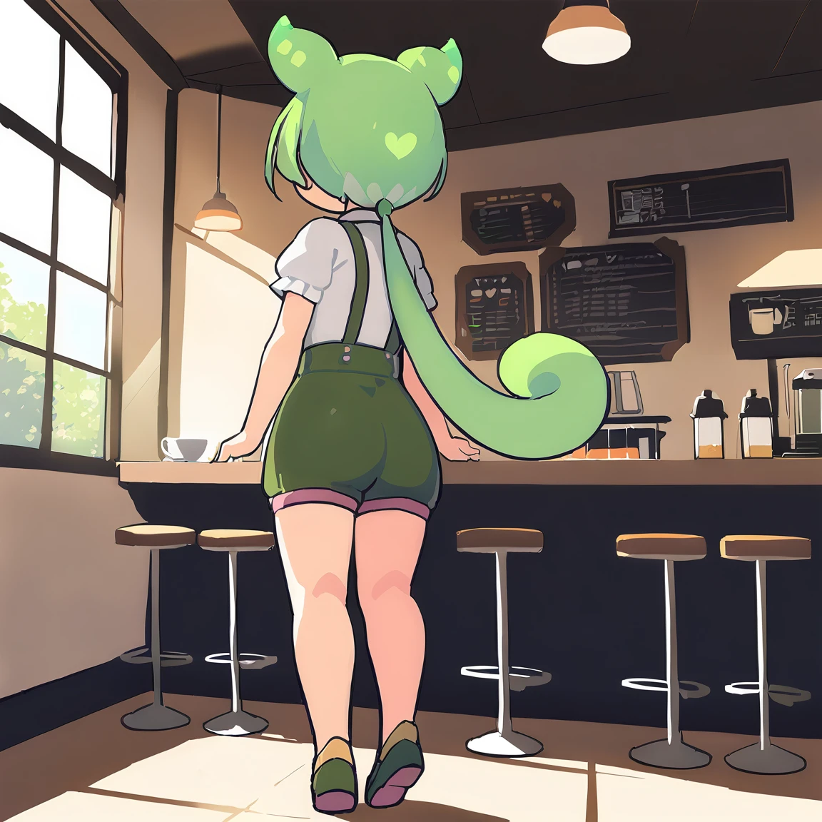 1girl,zundamon,voicevox ,green hair, blush stickers, animal ears,white shirt, short sleeves, long hair, suspender shorts,shorts, puffy sleeves, low ponytail, hair ears,
ceiling, wide shot, looking to the side, disdain, cafe, open mouth,
masterpiece, best quality, long body, voluptuous, side view, full body, big butt, shoes, thin waist, heart shaped butt, sexy body, ass focus, looking back, anime, realistic, smile, collarbone 