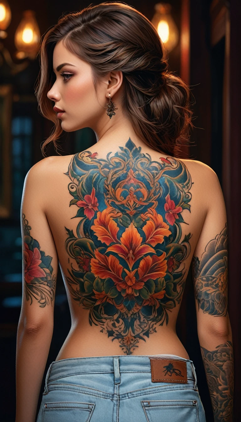 (best quality,8K,highres,masterpiece:1.2), ultra-detailed, realistic, photorealistic:1.37, tattooed girl, (standing back to viewer:1.4), visible back, (back tattoo:1.5), very beautiful and detailed face, captivating eyes and lips, attractive and well-defined facial features, expressive facial expressions, long and flowing hair, intricate and vibrant back tattoo covering all her back, a sense of mystery, a touch of danger, a hint of rebellion, a handsome man with a strong and captivating presence, betrayal in his eyes, anger and determination in his expression, dark and atmospheric background with dim lighting, dynamic wallpaper adding depth to the scene, every detail meticulously rendered, a vivid color palette with rich contrasts, a sense of realism and authenticity, a dense and layered composition, capturing the intensity of the moment, Realistic,Photorealism