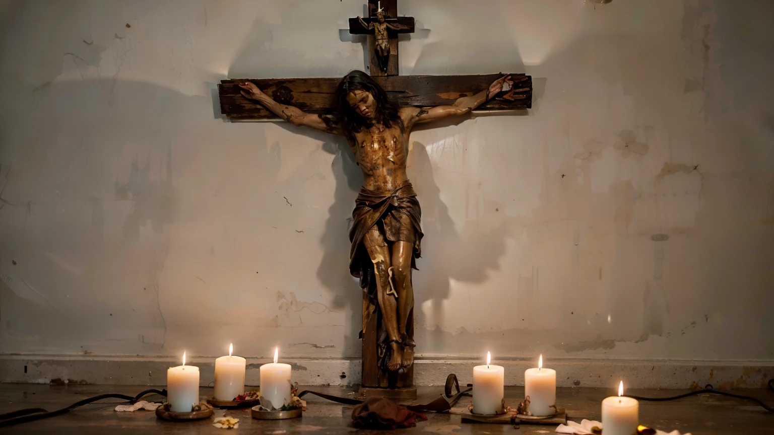 A Catholic altar with a painting of European Jesus Christ and a wooden crucifix with an old, dirty, red liquid-filled rag doll CRUCIFIED on the wall. There are several candles lit.