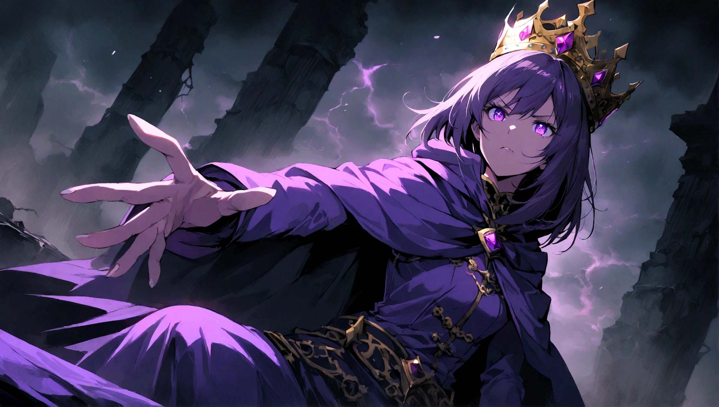 1girl, determined expression, outstretched hand, close-up, cinematic angle, foreshortening, dark, stormy background, dramatic lighting, cape flowing, crown, storm brewing in the sky, ruins in the distance, intense eyes, dynamic pose, purple colors, purple eyes, throne, sitting on throne