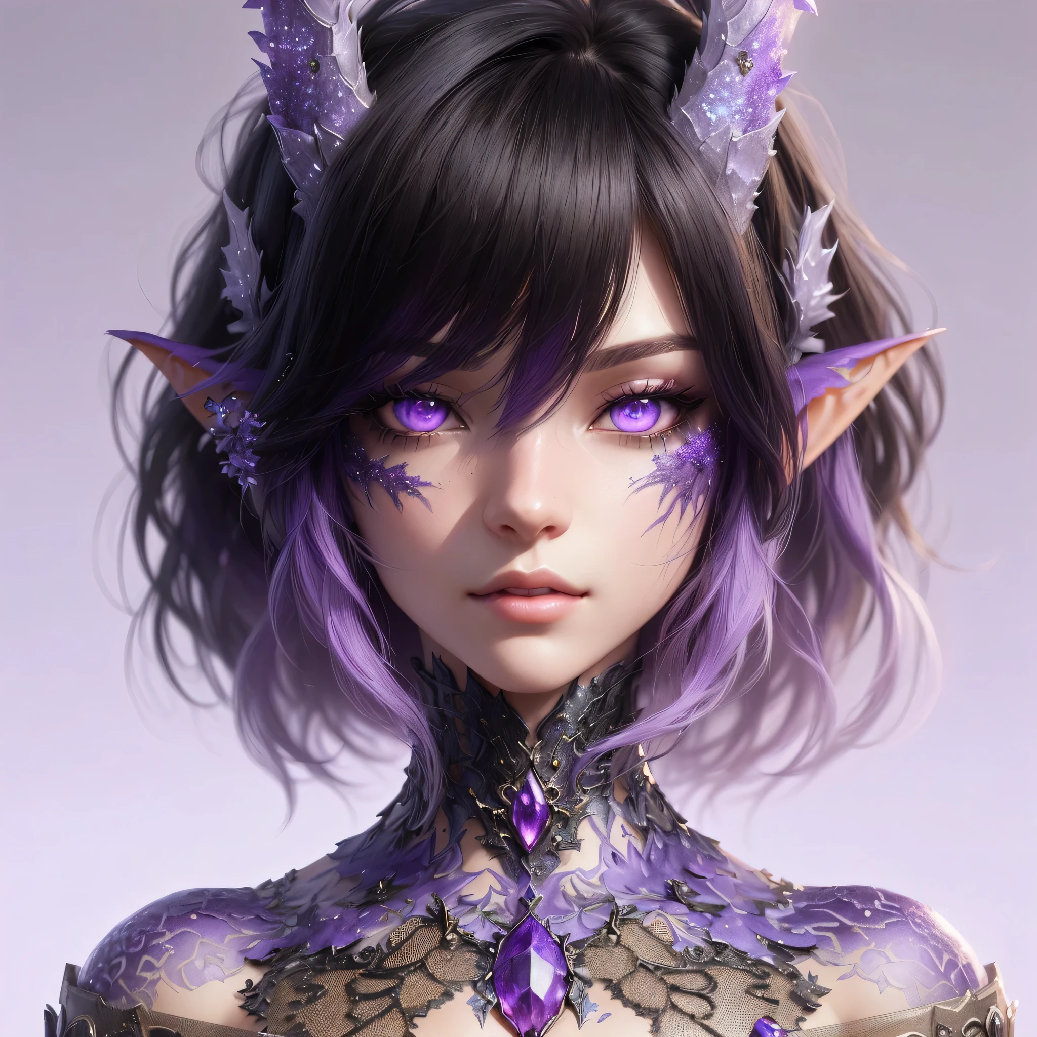 a close up of a woman with purple hair and purple eyes, hyperdetailed fantasy character, beautiful elf with violet skin, 2. 5 d cgi anime fantasy artwork, fantasy art style, digital fantasy art ), digital fantasy character, epic fantasy art style hd, 3 d render character art 8 k, the dragon girl portrait, epic fantasy art style, epic fantasy digital art style