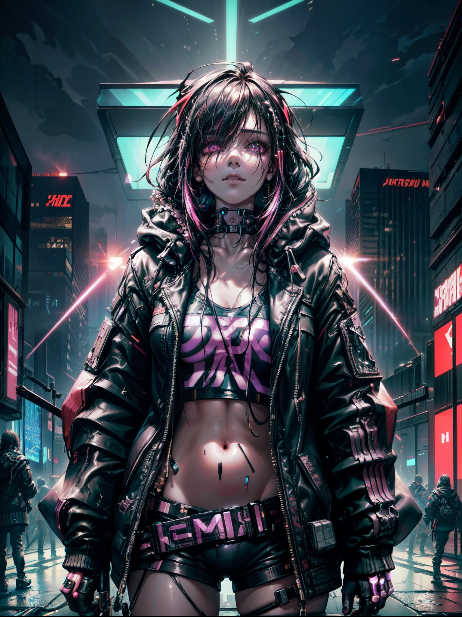 (1girl in)、(Plump beauty)、(30-years old)、(Very Long Pink Hair)、(Top image quality)、(8K picture quality)、(cyberpunked)、(masutepiece)、 (Flickering of light)、(Wear a shiny cyberpunk hooded military uniform)、(confident grin:1.2)、(an eye patch)、(Full body photo)、(Flowers that shine with excess turbulence々:1.5)、cinematric light, Cinema Shadow, Sharp Image, Extremely detailed, Volumetric, Bright sprites, particles effect, beautiful effects, Vivid colors, neons, (Neon light:1.5), Highly detailed image textures, detailed hairs, Detailed face, Detailed eyes, Full body photo, city、Dark hair、Eyes glow、Sparkling red aura、Photo from the knee up、beautiful effects, Vivid colors, Highly detailed image textures, detailed hairs, Detailed eyes,(Cyberpunk cityscape:1.5)、