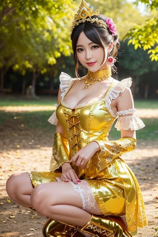 nsfw, sexy golden Thai princess, only 1 female, ((doll-like appearance)), short fuchsia stylish hair, ((shiny Victorian-Style boots)), (big smile), ultra detailed eyes, vivid golden eye makeup, lipgloss, long lashes, defined eyebrows, ((sexy golden Paradise Kiss cosplay)), bell-shaped skirt, petticoats, high neckline, puffed sleeves, ((ultra detailed golden lace)), ((ultra detailed golden embroidery)), intricate details, golden Paradise Kiss accessoires and matching golden headpiece, golden choker, ((large sparkling golden Paradise Kiss jewelry)), cinematic light, detailed large park background with trees