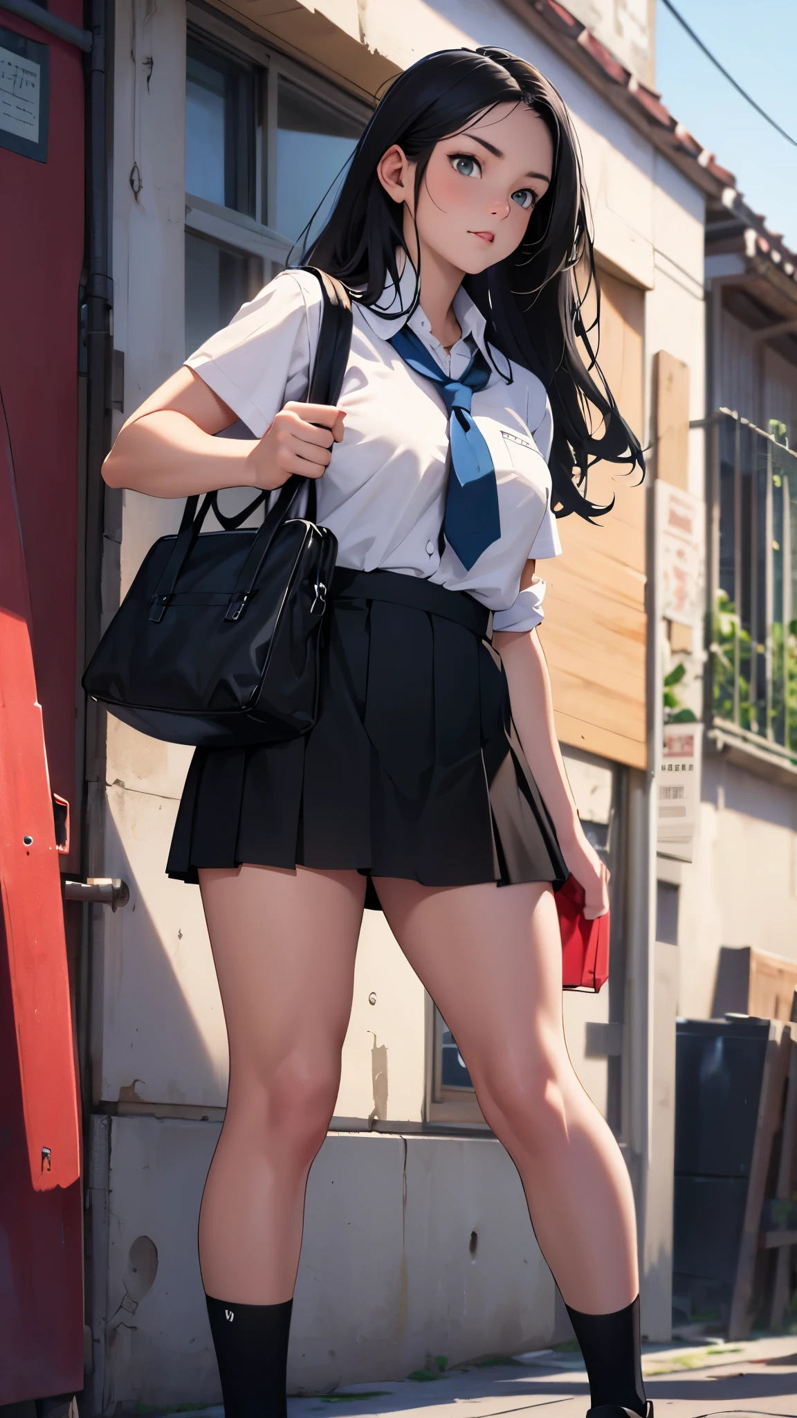 At school, Young woman, frontal, long black hair, Black short skirt, bag, wicked, offensive, Super detailed, 4K