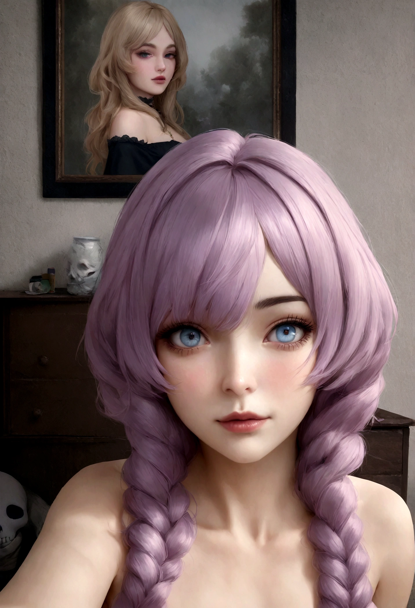 arafed femme pleinement , fille sexy aux yeux bleus, ultra realistic, Meticulously detailed, Portrait de Sophie Mudd, cheveux bruns et grands yeux, selfie d'une jeune femme, Yeux de chambre, violette myers, sans maquillage, maquillage naturel, regarder directement la caméra, visage avec artgram, maquillage subtil, superbe photo de tout le corps à genoux sur le lit, dans la chambre, bust size medium to large mixed race, 4k