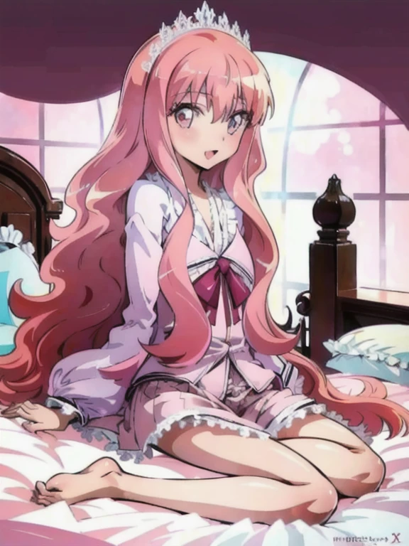 beautiful illustration, (flat anime:1.1), SFW, a girl sitting on bed,open_mouth,,smile,
louise francoise le blanc de la valliere,pink_hair,pink_eyes,long_hair,
pink pajamas ,nightgown,