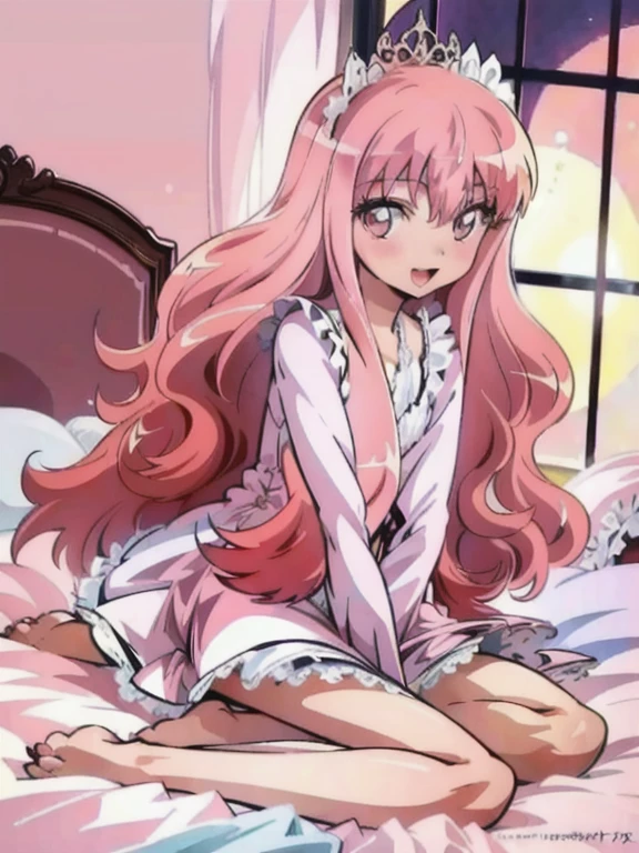 beautiful illustration, (flat anime:1.1), SFW, a girl sitting on bed,open_mouth,,smile,
louise francoise le blanc de la valliere,pink_hair,pink_eyes,long_hair,
pink pajamas ,nightgown,