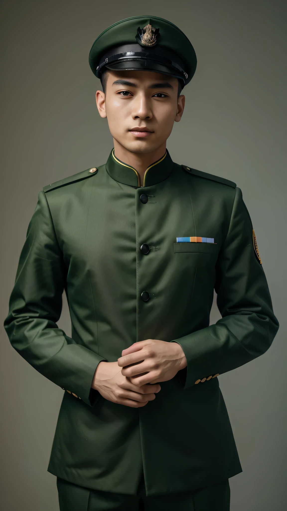 4k, (masterpiece), best quality, 2d, arafed man in a posing for a picture, Wearing Uniform,, Embroidered uniform guard, Wearing military uniform, yanjun chengt, Dressed in full military green, ficer, Unified background, Wearing the general's,Upper body unobstructed photos,Uniforms of the Military Guard of Honor,Tough Guy,Cool hairstyle,Positive face