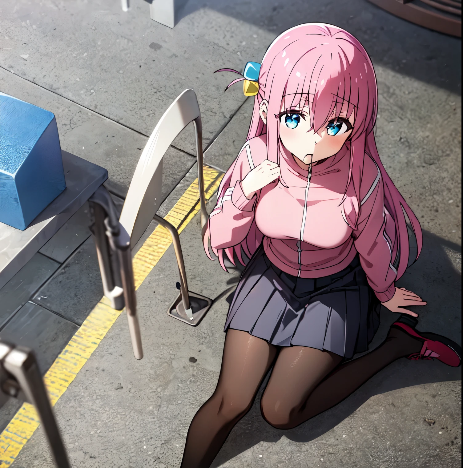 1 girl, alone, Hitori gotou, long hair, pink hair, looking at viewer, head on, focus on breasts, pov (from above), blush, blue eyes, big breasts, medium waist, wide hips, medium thighs, stage ,show, long sleeves, hair between eyes, sitting, mouth closed, pink hair, pantyhose, pleated skirt, black skirt, one side up, hand on chest, gray skirt, invisible chair, cube hair ornament, pink sports jacket perfect anatomy, perfect hands
