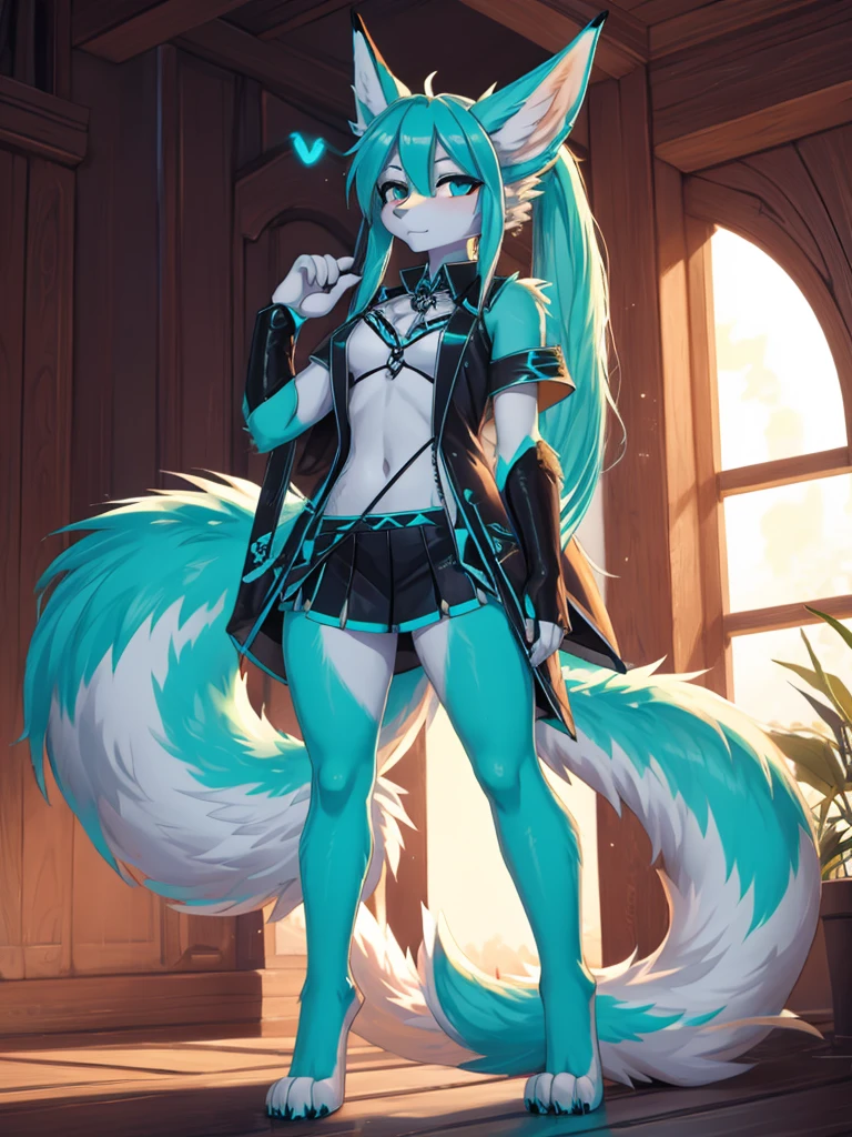 Miku Hatsune, add high definition_detail:1, blue fur,kitsune ears, tribal tattoo add_detail:1, in a beautiful room with sea view open window, dawn add_detail, barefoot, begins to undress while sensually looking at the camera add_detail:1 blue saturation light.