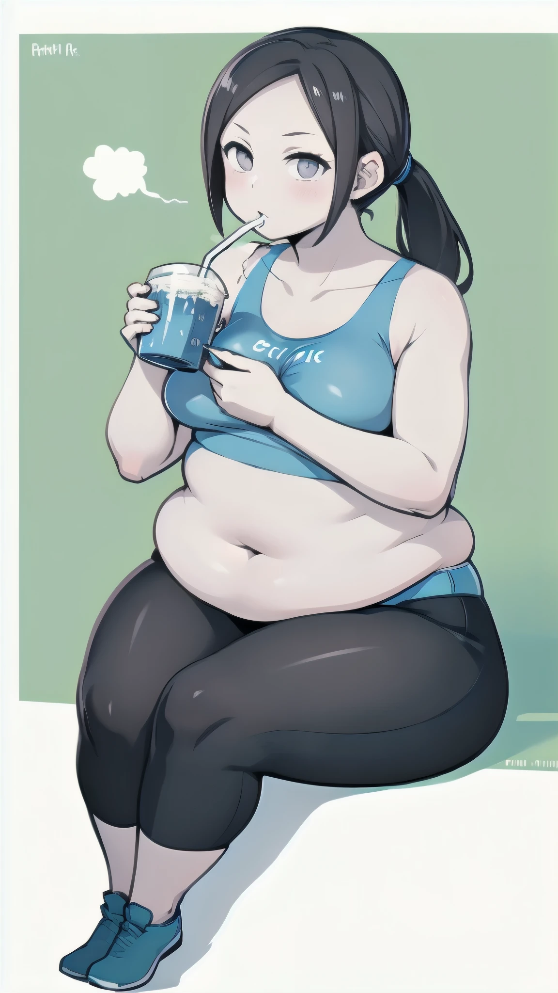 Wii fit trainer, White skin, crop top, ponytail, capri pants, midriff, Yoga sitting position, drinking a milk-shake, chubby, chubby belly