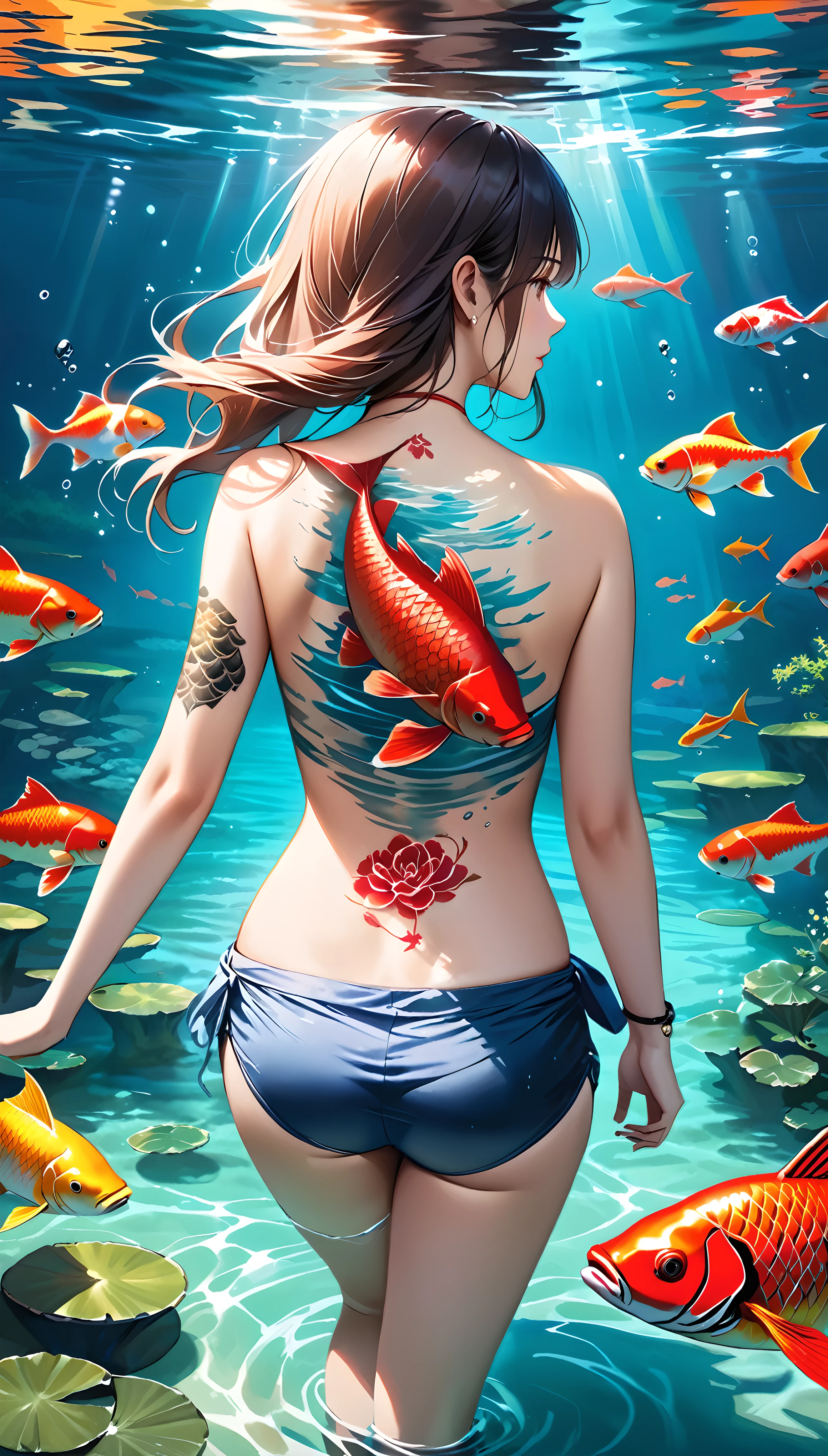 Back Tattoos, Carp tattoo, (Beautiful girl walking in water, Beautiful lake bottom, In full water, Turn your back and walk on the bottom of the lake, alone), Realistic lake underwater background, BREAK Several carp swimming gracefully in the water, Active, Tattoo carp on a woman&#39;s back, Dynamic expression, 