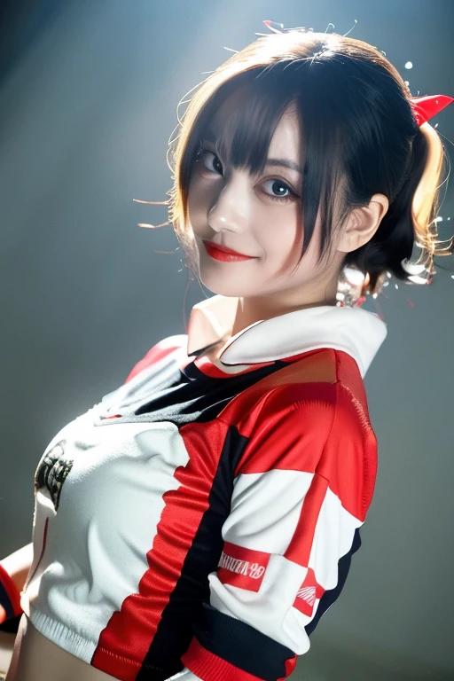 Cool little Japanese guy, very detailed, 15 years, innocent face, high resolution, Masterpiece, Highest quality, complicated details, very detailed, Sharp focus, Fine skin, 現実的な skin Texture, Texture, good eyes, professional, 4k, cute smile, Big eyes, wearing a harley quinn outfit,sexy,full body,black short hair,Psycho expression,No backlight,