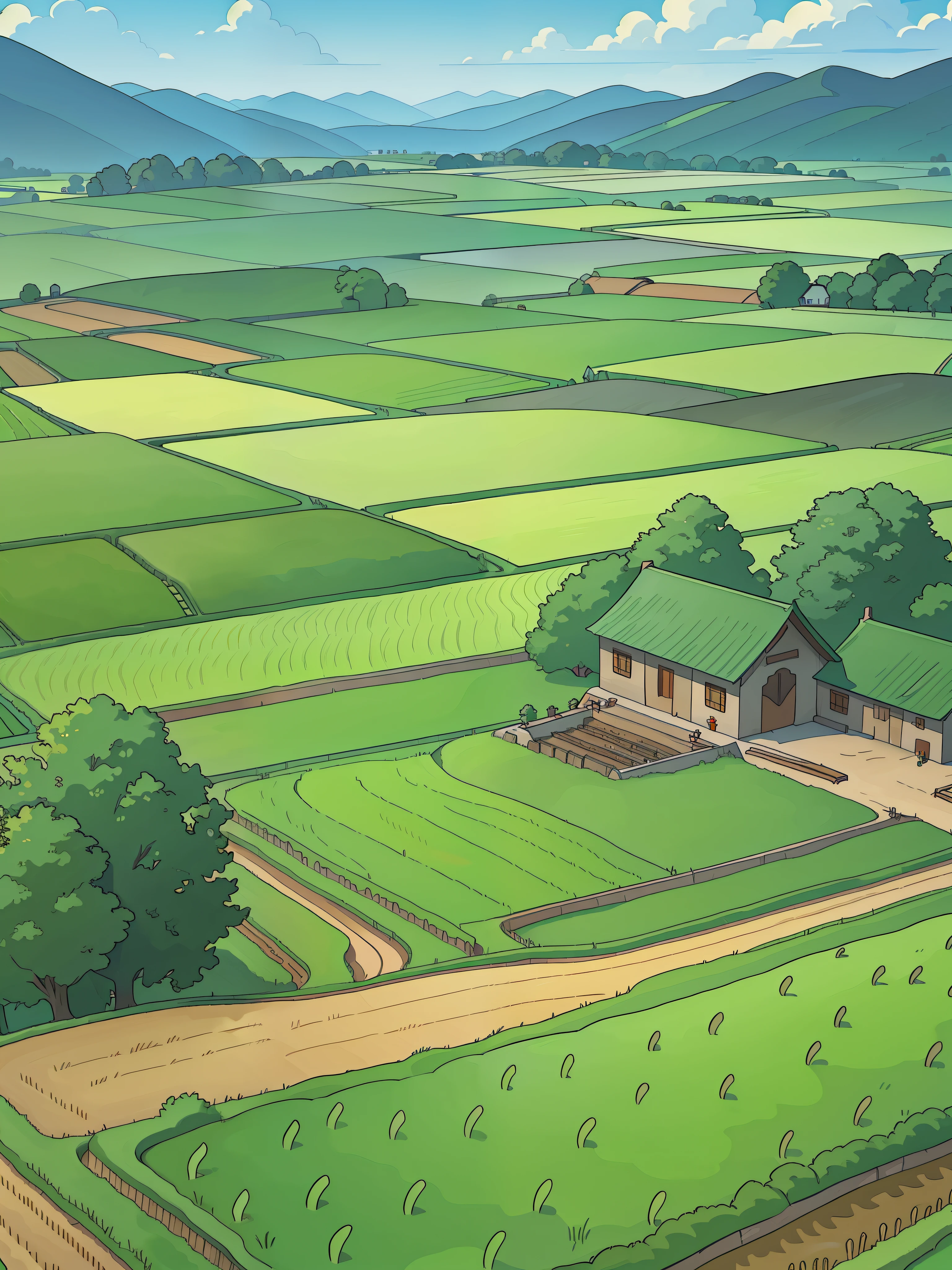 A farm, agricultural, rice fields, medival fantasy,no people in scene