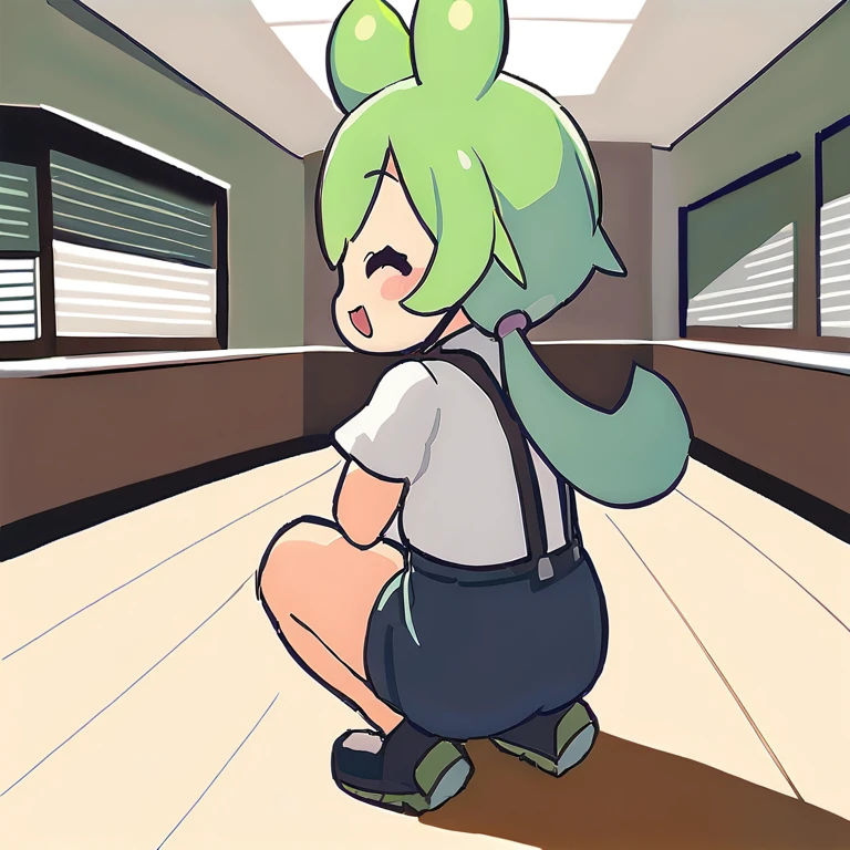 1girl,zundamon,voicevox ,green hair, blush stickers, animal ears,white shirt, short sleeves, long hair, suspender shorts,shorts, puffy sleeves, low ponytail, hair ears,
ceiling, wide shot, looking to the side, disdain, cafe, open mouth,
masterpiece, best quality, long body, voluptuous, side view, full body, big butt, shoes, thin waist, heart shaped butt, sexy body, ass focus, looking back, anime, realistic, smile, collarbone, looking