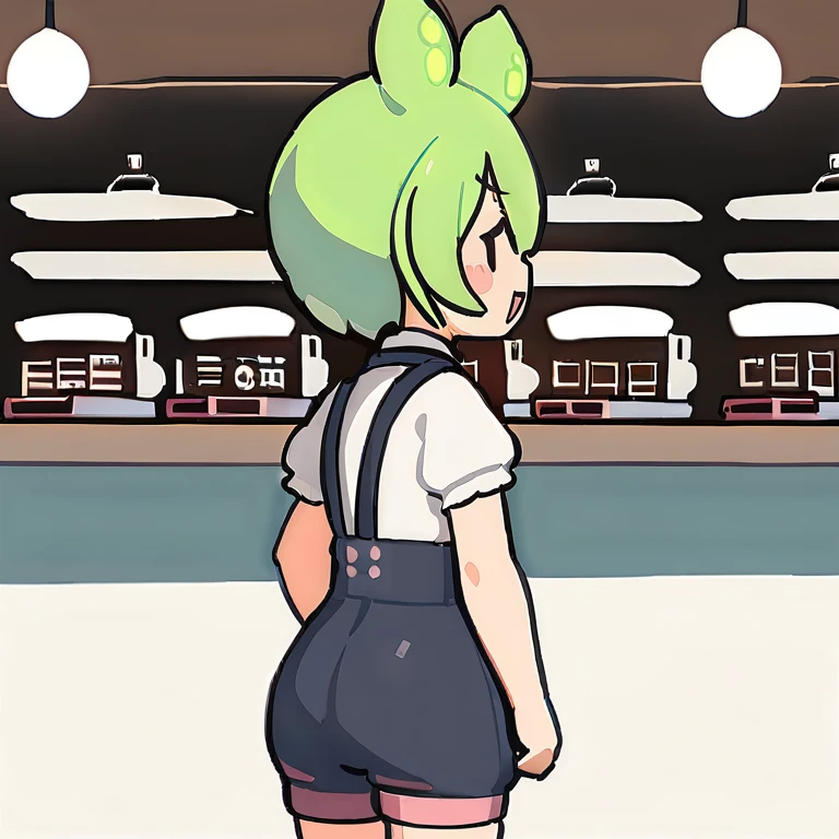 1girl,zundamon,voicevox ,green hair, blush stickers, animal ears,white shirt, short sleeves, long hair, suspender shorts,shorts, puffy sleeves, low ponytail, hair ears,
ceiling, wide shot, looking to the side, disdain, cafe, open mouth,
masterpiece, best quality, long body, voluptuous, side view, full body, big butt, shoes, thin waist, heart shaped butt, sexy body, ass focus, looking back, anime, realistic, smile, collarbone, looking