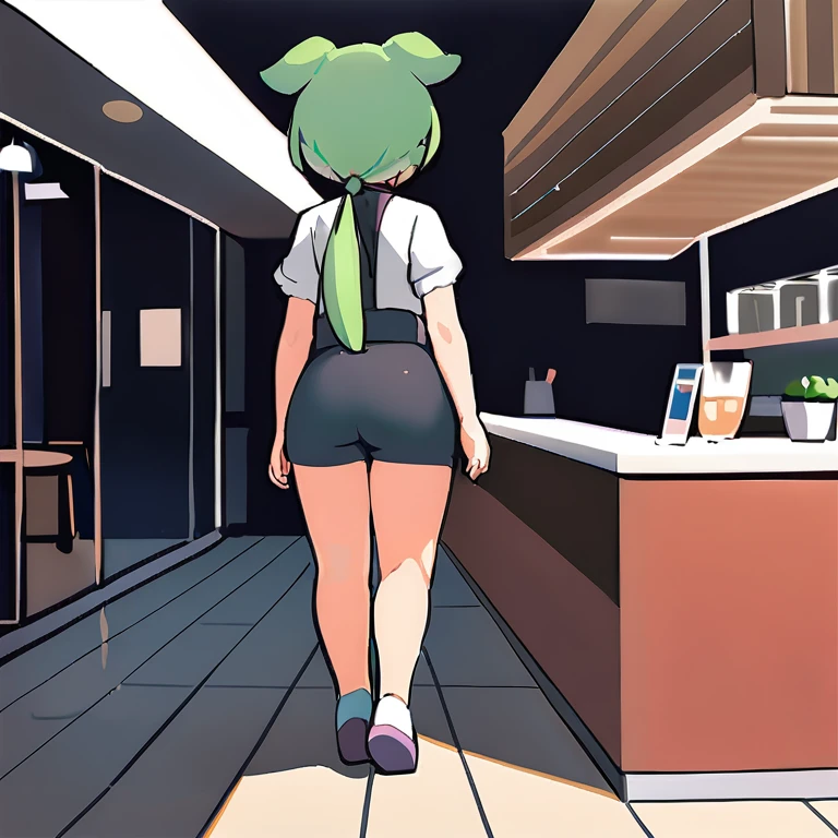 1girl,zundamon,voicevox ,green hair, blush stickers, animal ears,white shirt, short sleeves, long hair, suspender shorts,shorts, puffy sleeves, low ponytail, hair ears,
ceiling, wide shot, looking to the side, disdain, cafe, open mouth,
masterpiece, best quality, long body, voluptuous, side view, full body, big butt, shoes, thin waist, heart shaped butt, sexy body, ass focus, looking back, anime, realistic, smile, collarbone, looking