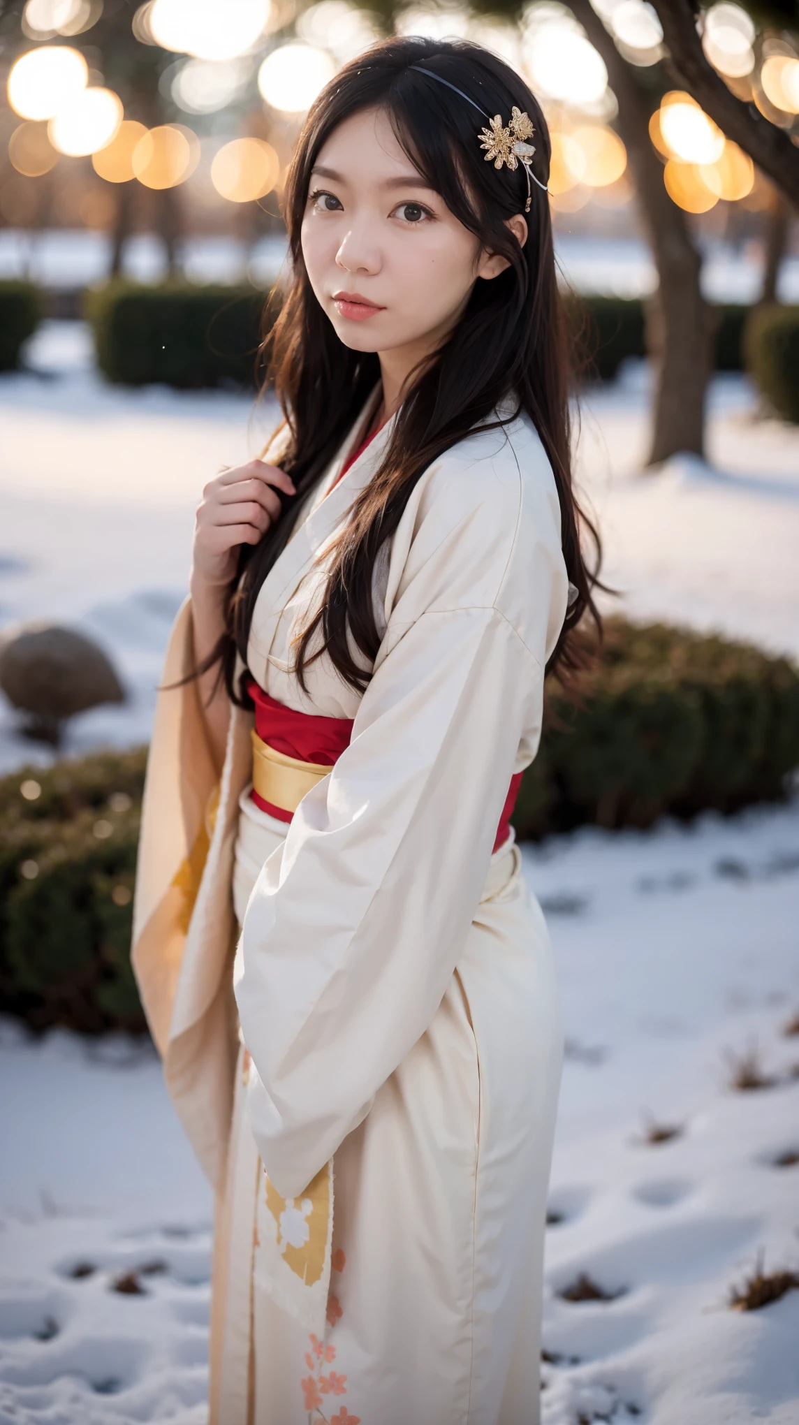 (masterpiece, best quality:1.2), 1girl, solo, thick body, wearing Japanese kimono dress, ParewaFace, standing against snow city, blurry background, depth of field, ((bokeh)), (snow falling)