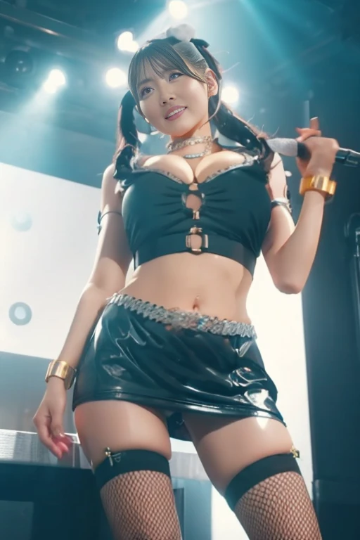 Marie rose, twintails, hair clip, 1girl, solo, (microdress), (golden), (bodycon), fur, cleavage, navel, (face focus), (o-ring:1.2), jewelry, necklace, waist cutout, belt, fishnet thighhighs, highheels, looking at viewer BREAK masterpiece, best quality, glowing skin, mature figure, voluptuous body, shiny skin, mature women, gigantic hanging breasts, from the front, (chromatic aberration, intricate details), dynamic angle, 40K, HDR, highres,