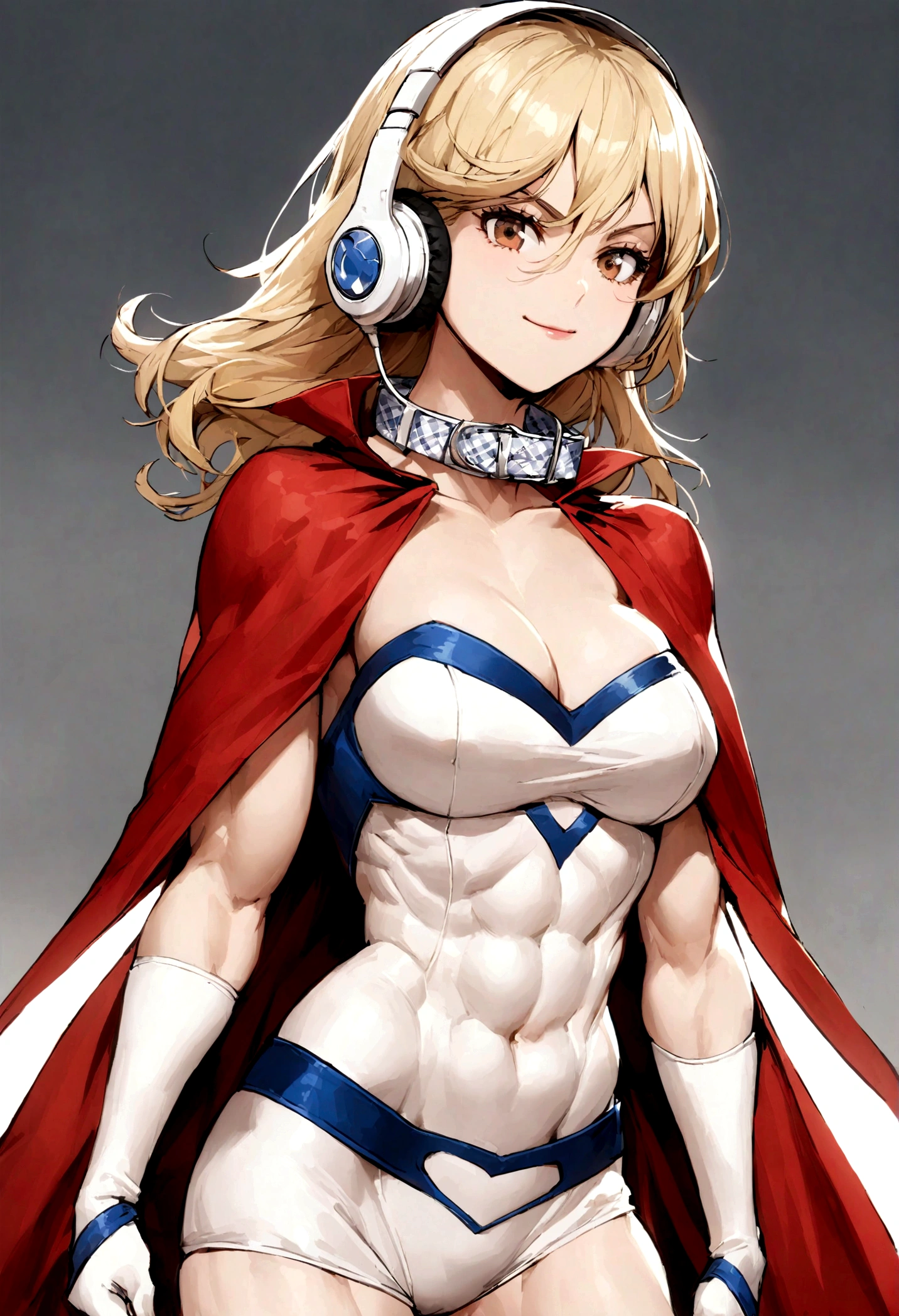 Young woman, Superhero, superhuman physique, powergirl, Long pale blonde hair, pale skin, and brown eyes, white button-up sleeveless blouse with a plaid red-and-white ribbon around the collar, wired white headphones.midriff, muscular, powergirl, cape, boob window, , toned arms, light smile, muscular, , wink,