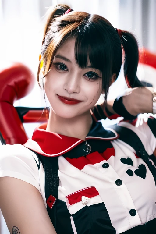 Cool little Japanese guy, very detailed, 15 years, innocent face, high resolution, Masterpiece, Highest quality, complicated details, very detailed, Sharp focus, Fine skin, 現実的な skin Texture, Texture, good eyes, professional, 4k, cute smile, Big eyes, (wearing a harley quinn1 outfit.2),sexy,full body,black short hair,Psycho expression,No light,dark,